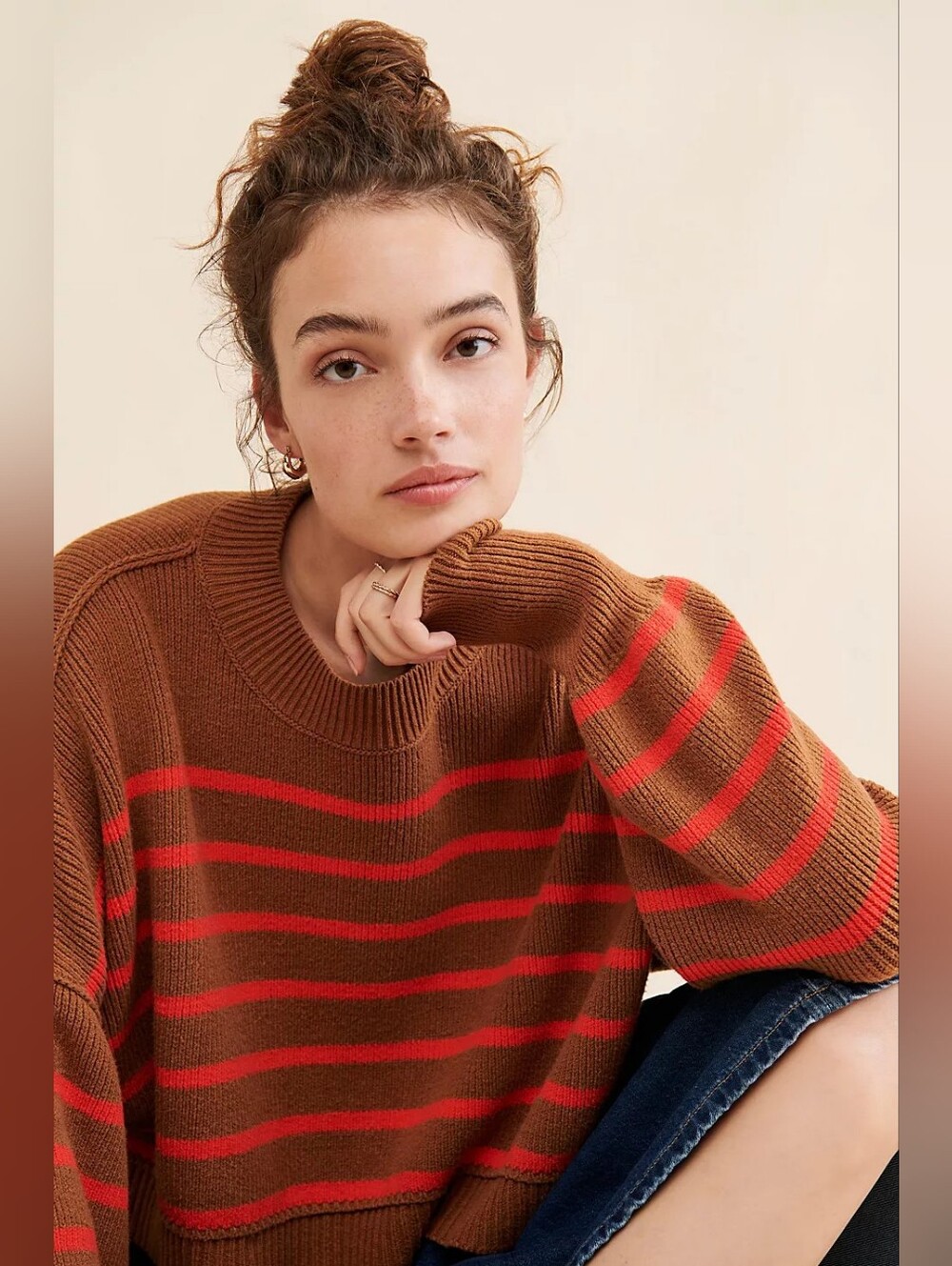 Free People Easy Street Stripe Crop Pullover Brown Red XS